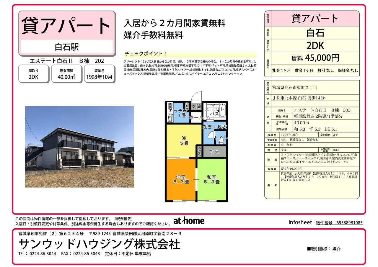 物件成約【貸アパート】エステート白石Ⅱ　B棟202号室